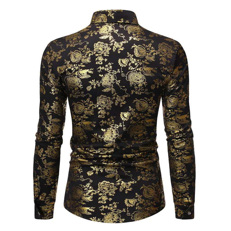 Men's casual cardigan shirt with a metallic bronzing print on the lapel, available in multiple colours.