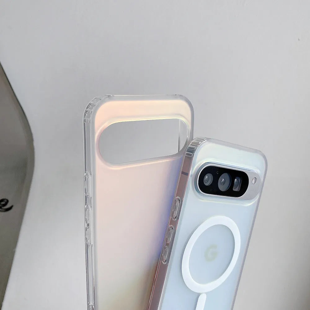 Transparent laser frosted matte phone case for Google Pixel with colourful design and magnetic feature.
