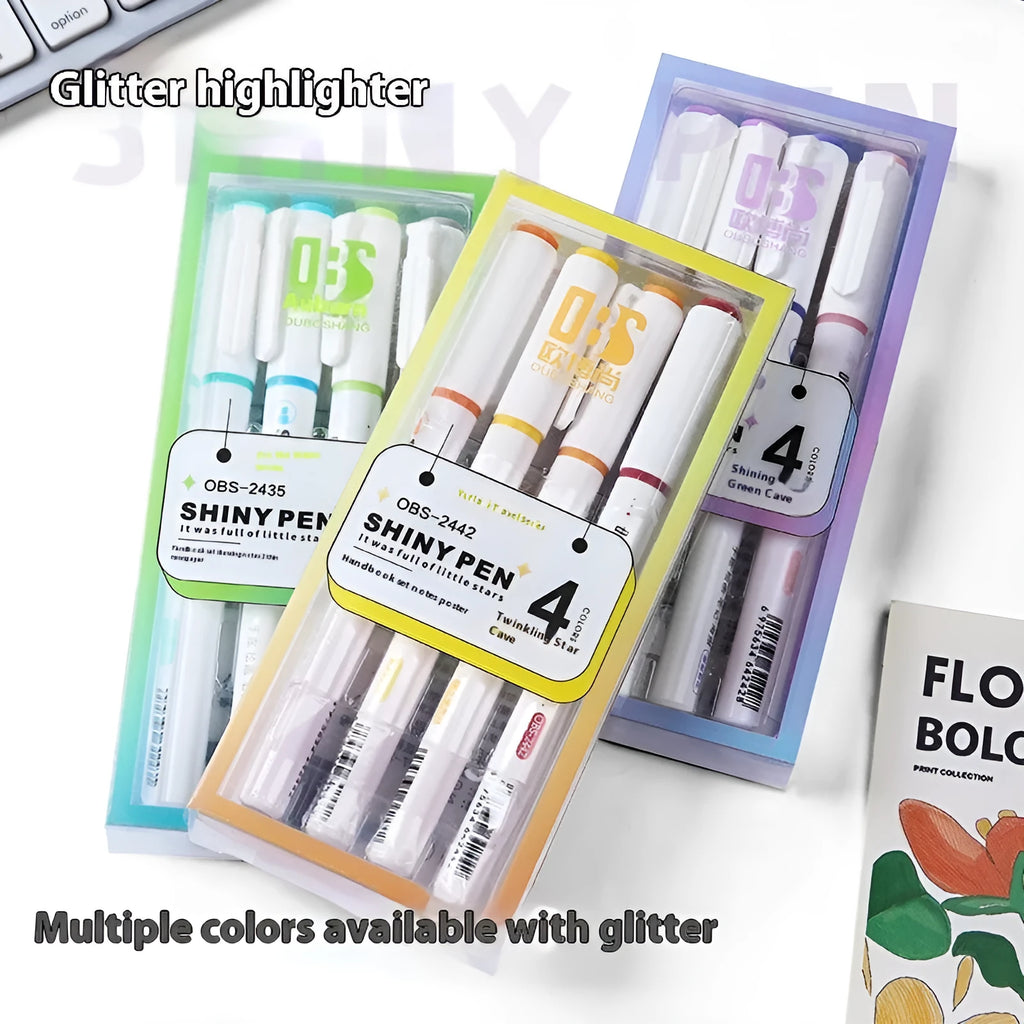 Set of four glitter highlighter pens with slanted tips in six colours including taro puff and mung bean smoothie