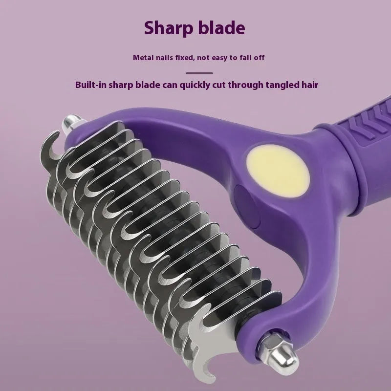 Purple plastic double-sided pet grooming comb with knot-removing teeth for dogs