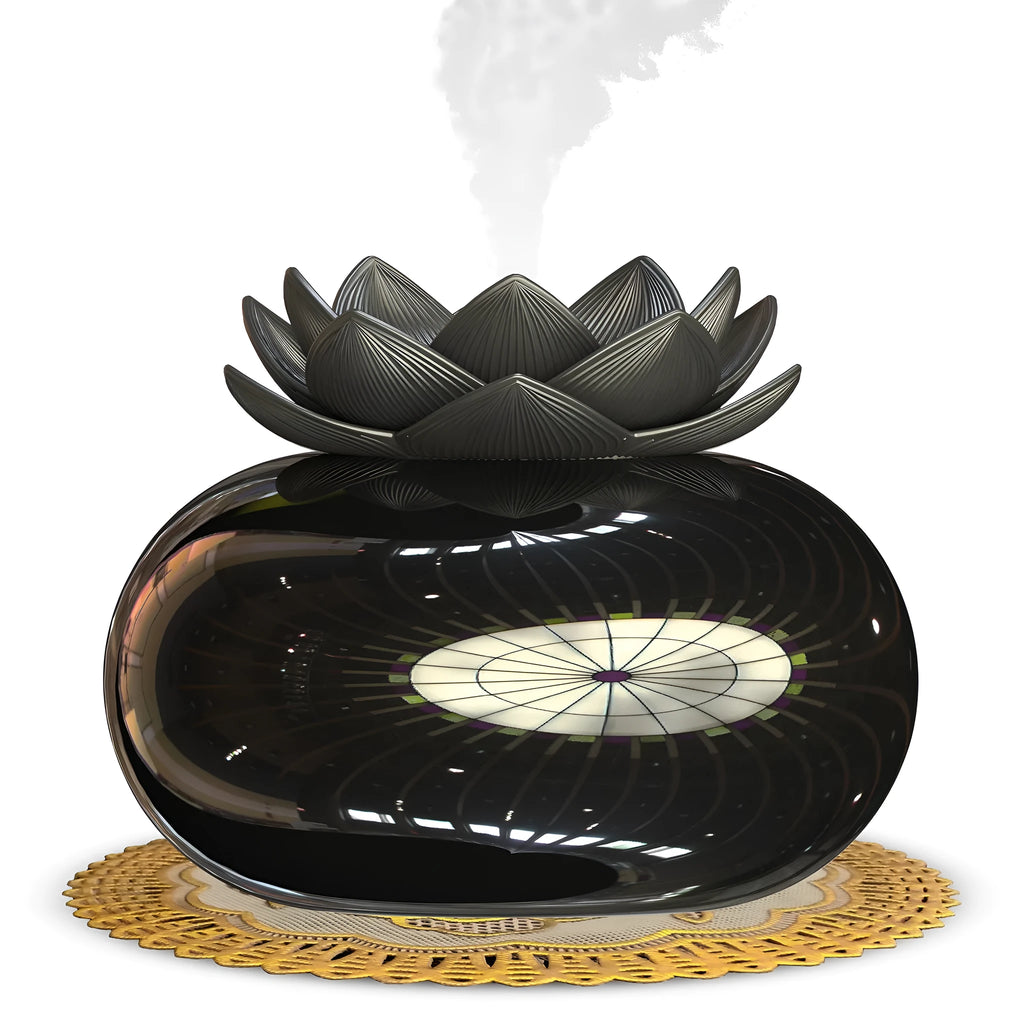 Black round lotus aromatherapy humidifier with USB port for power connection