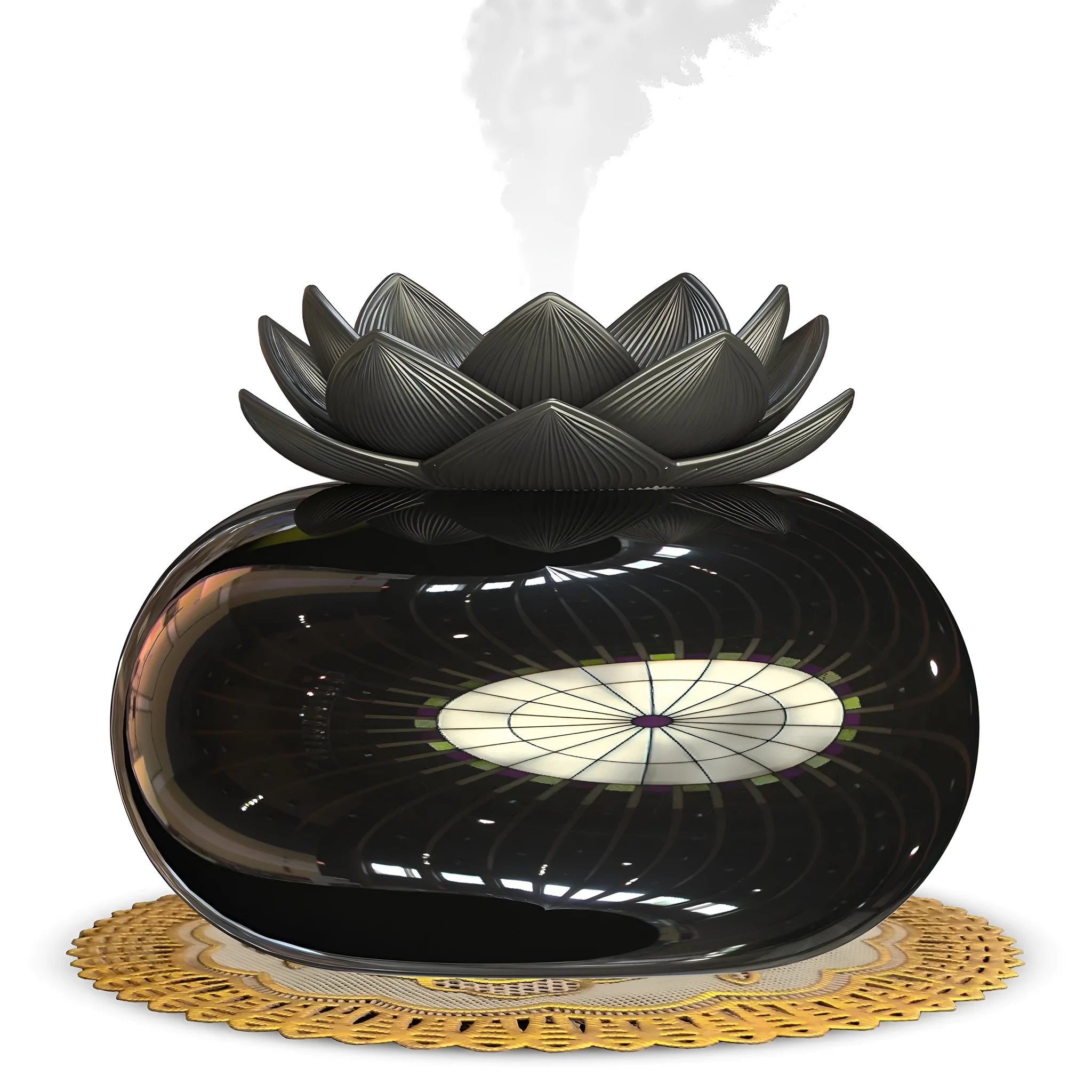 Black round lotus aromatherapy humidifier with USB port for power connection