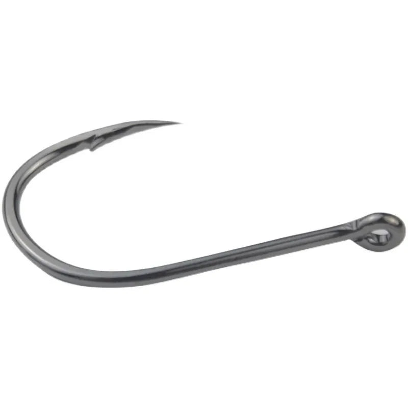 Barbed fishing hooks with crooked mouth and hole ring in alloy carbon steel for rock and sea fishing