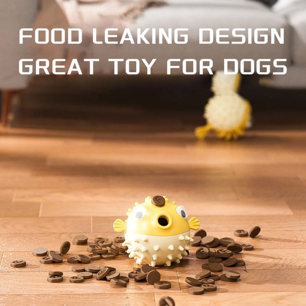 Yellow fish shaped vinyl dog chew toy with textured surface for teeth cleaning