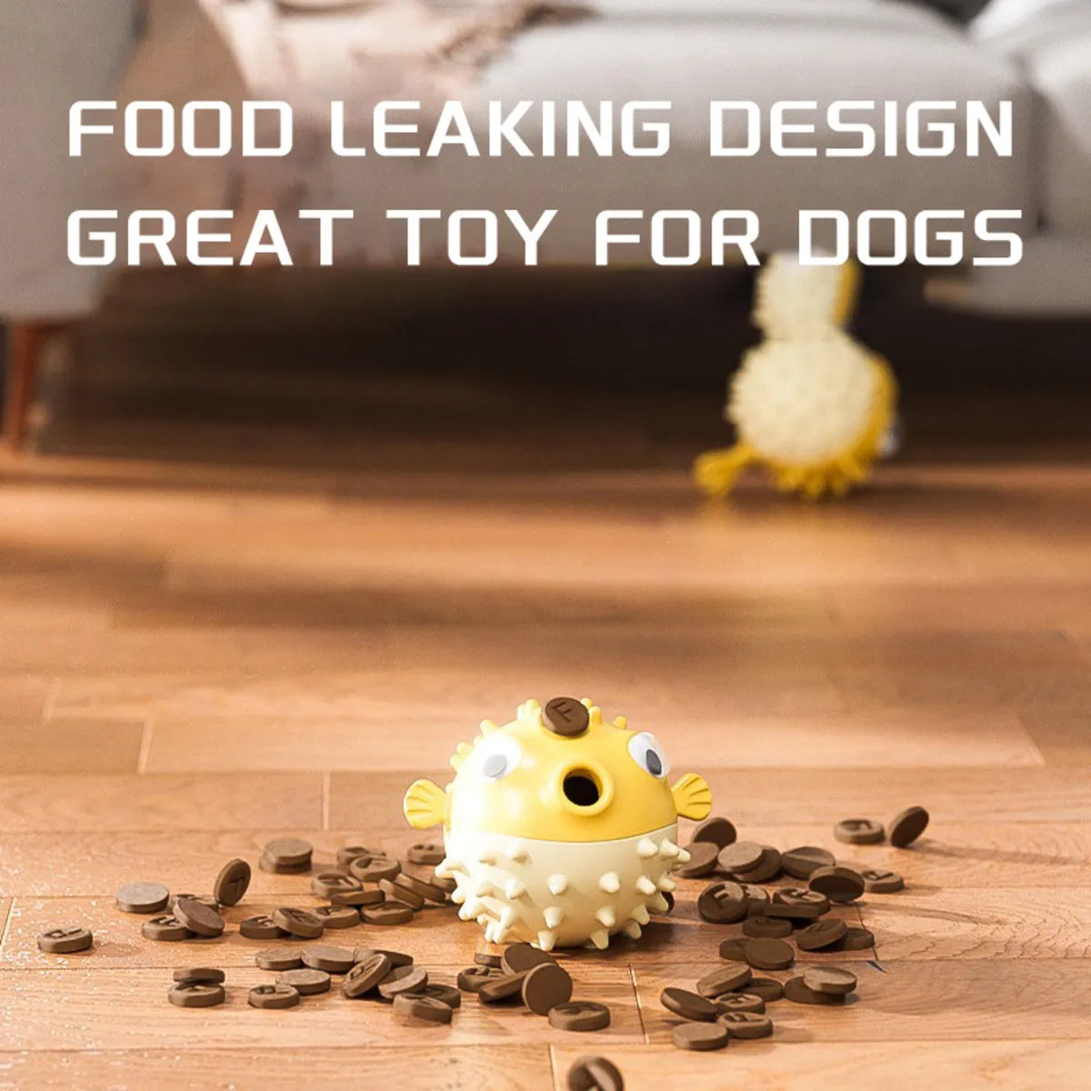 Yellow fish shaped vinyl dog chew toy with textured surface for teeth cleaning