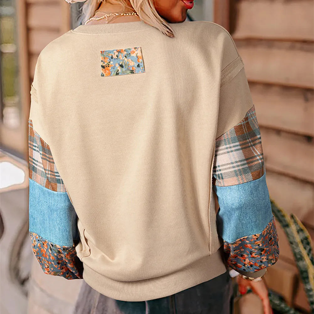 Women's loose fit plaid long-sleeved top in apricot colour with Japanese Korean styling