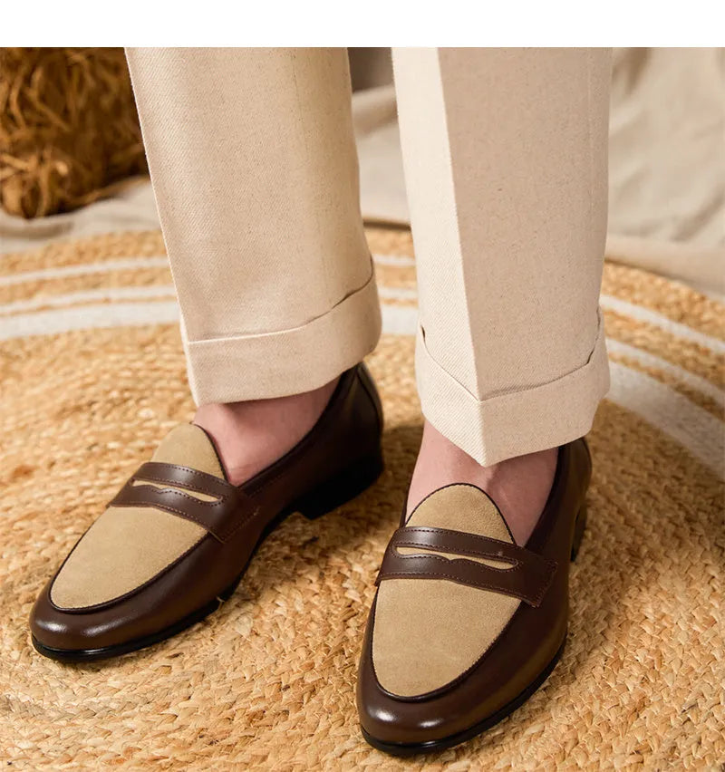 Coffee grey suede loafers with high-gloss finish and slip-on design
