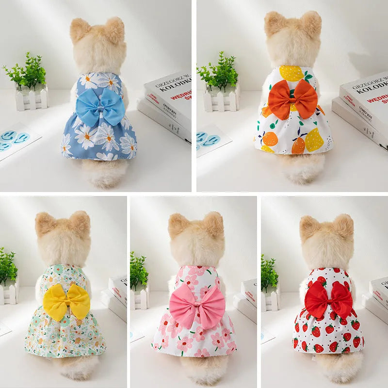 Pet princess dress with floral butterfly knot in ultra-thin polyester fabric for summer wear