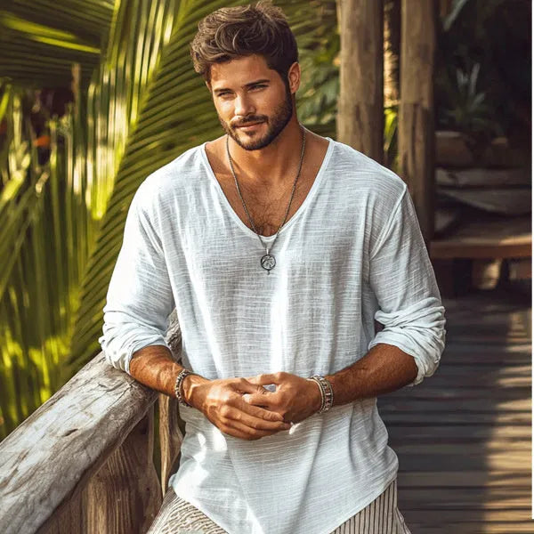 Beige slim fit V-neck long sleeve t-shirt made from hemp blend polyester fabric.