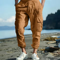 Men's linen casual trousers with ankle ties and drawstring waist in solid colour