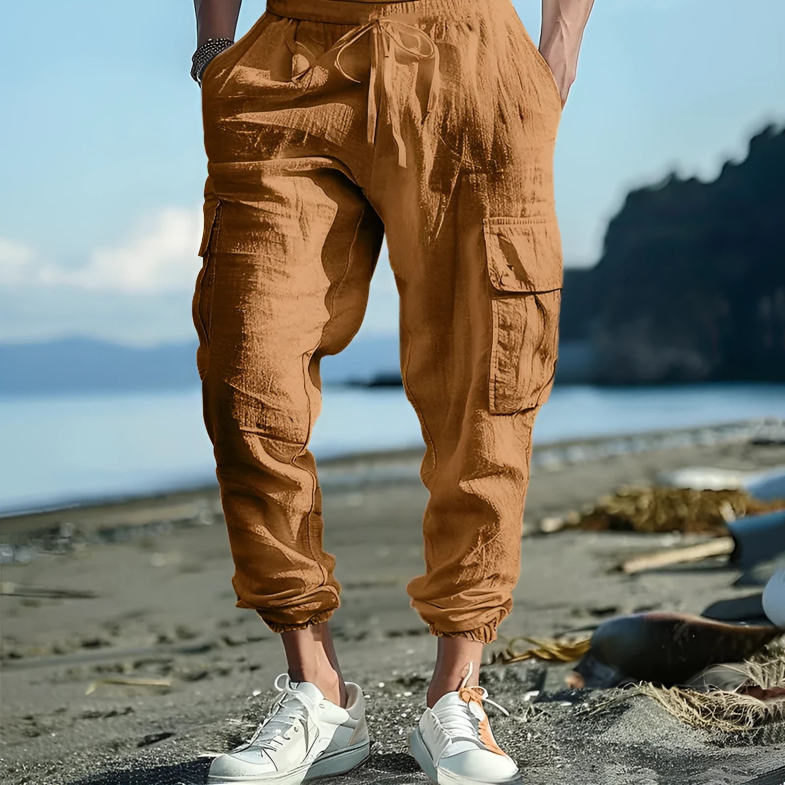 Men's linen casual trousers with ankle ties and drawstring waist in solid colour