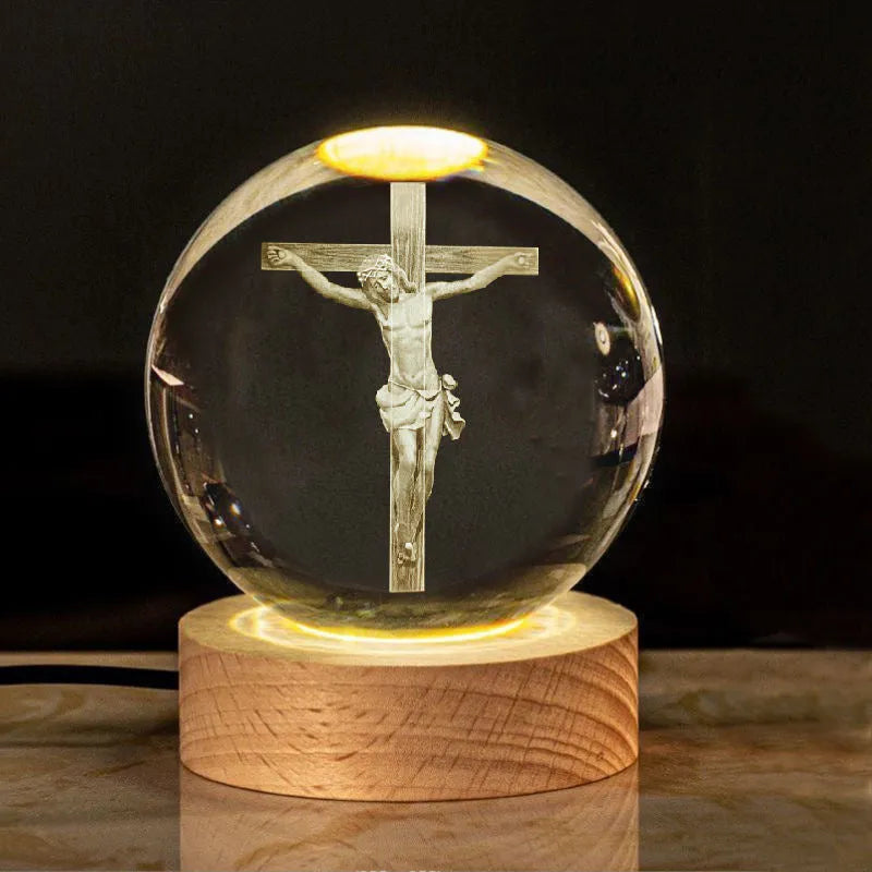 White crystal desk lamp with solid wood warm light base showing religious purity symbols