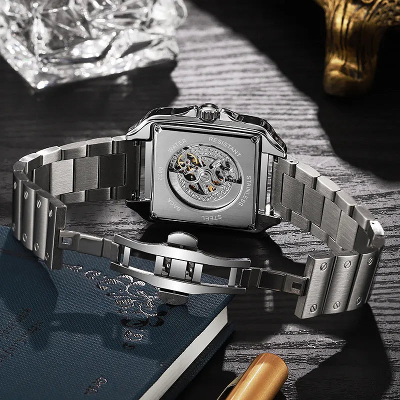 Men's square automatic watch with diamond studs on case, business style with black or white strap options.