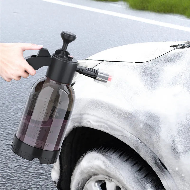 Black hand-held 2 litre foam sprayer with switch lock for garden watering and car washing