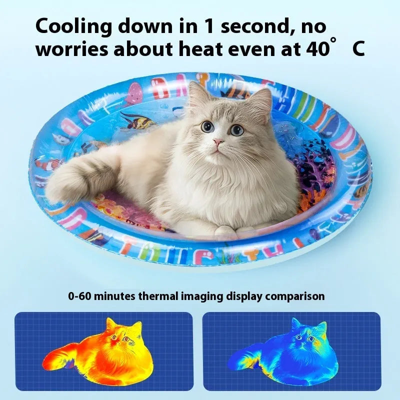 Inflatable PVC water cooling mattress for pets in dolphin or shark design.