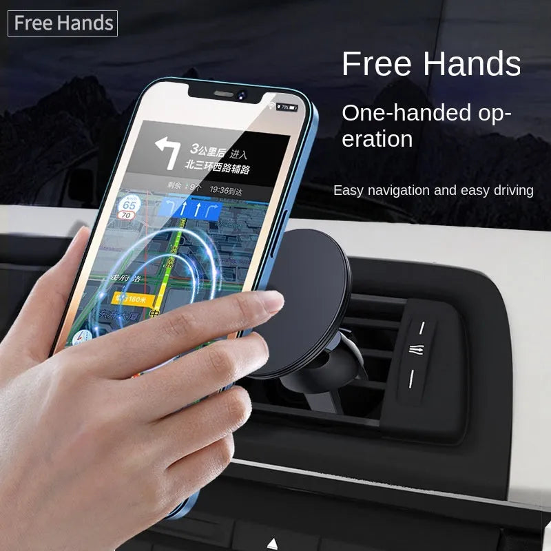 Matte black magnetic car phone holder with suction cup mounted on a car air vent.