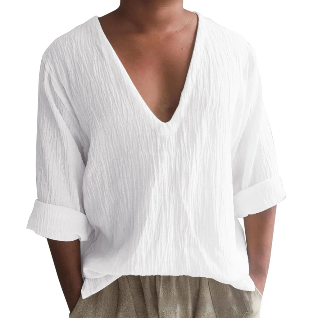 Men's washed cotton long sleeve V-neck t-shirt in solid colour with British style stitching