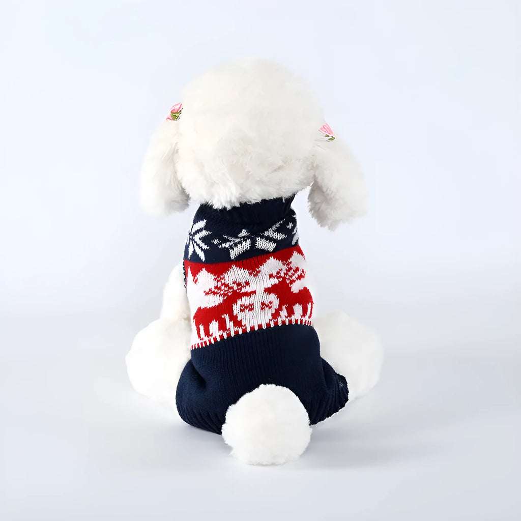 Navy blue knitted Christmas sweater for dogs on a mannequin showing European and American style design