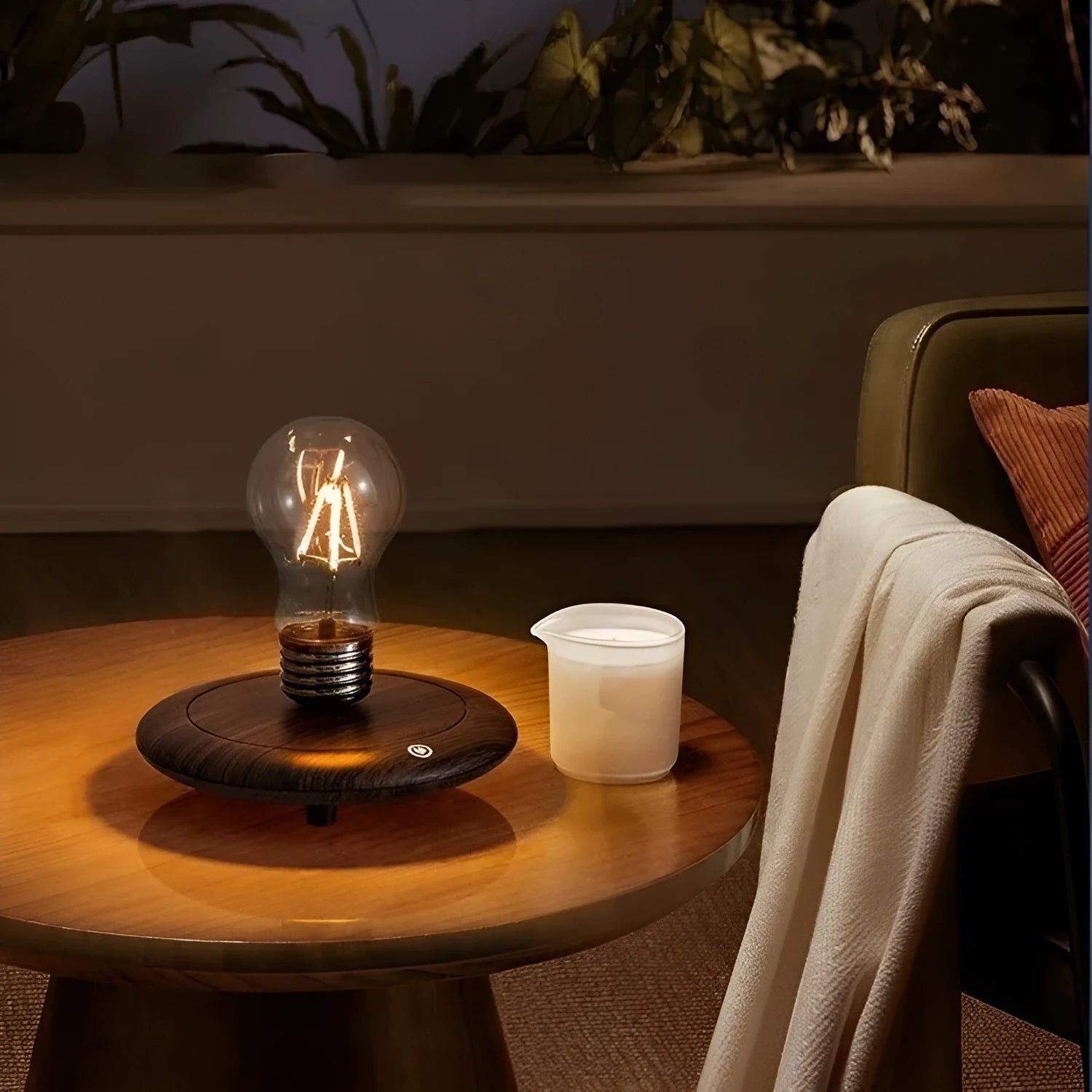 Iron art suspension bulb desktop night lamp on a square wooden base.