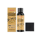 30ml bottle of glasses scratch remover solution and a microfibre cleaning cloth on a plain surface.