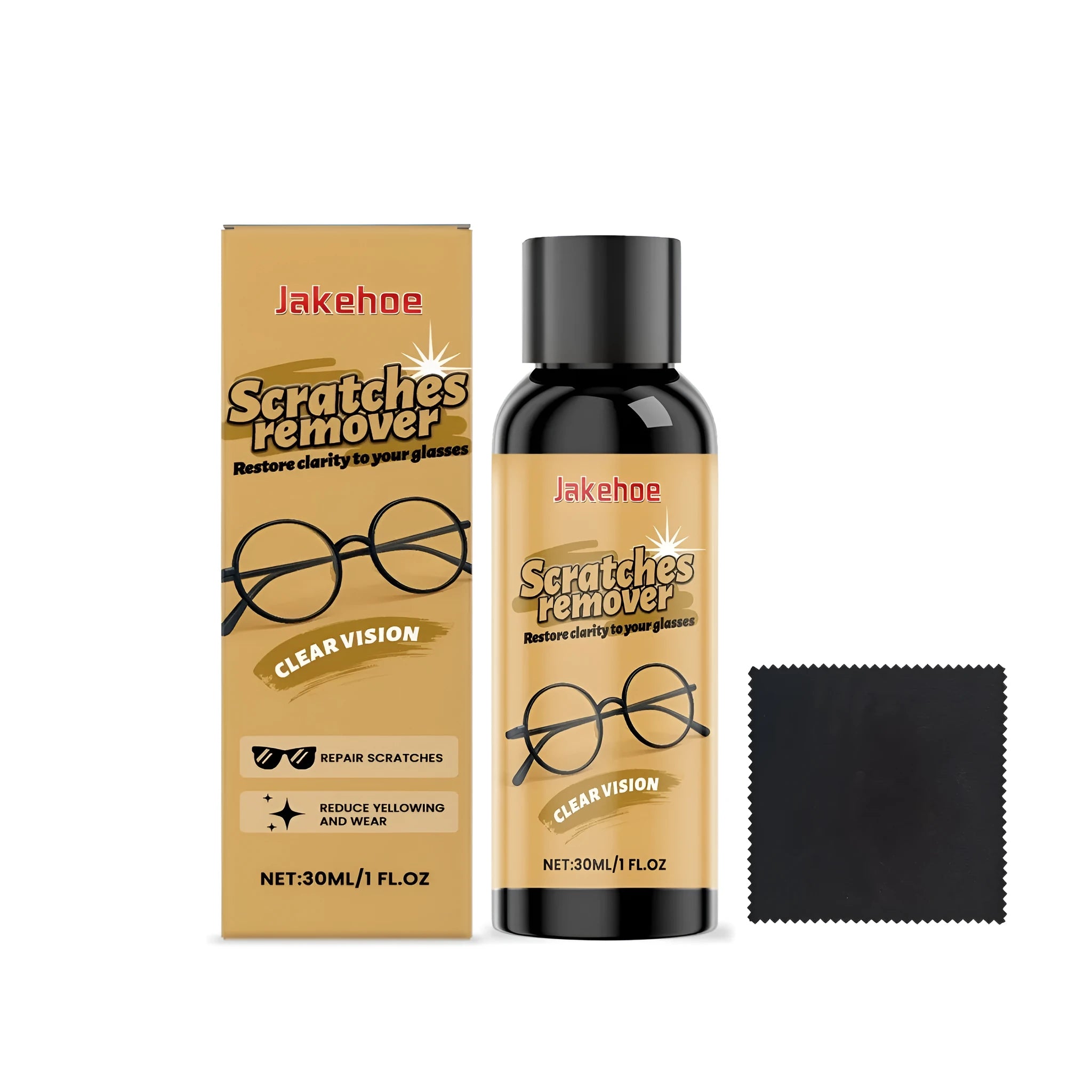 30ml bottle of glasses scratch remover solution and a microfibre cleaning cloth on a plain surface.
