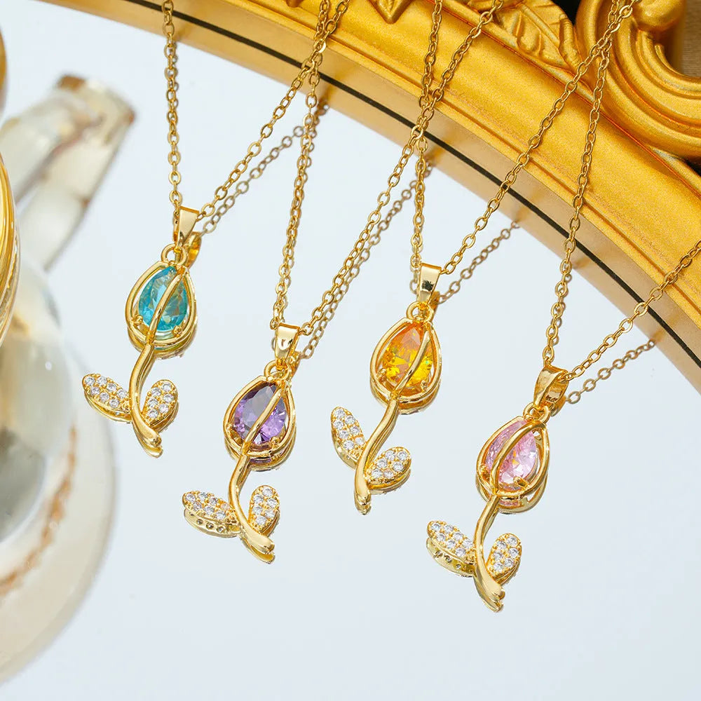 Zircon tulip titanium steel necklace for women with adjustable 41-50cm chain and copper-plated gold pendant