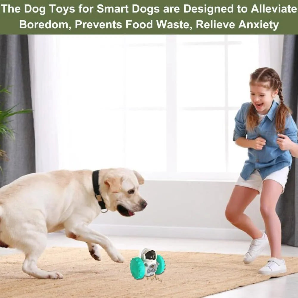 Interactive dog treat dispenser toy with robot appearance roller design for slow feeding