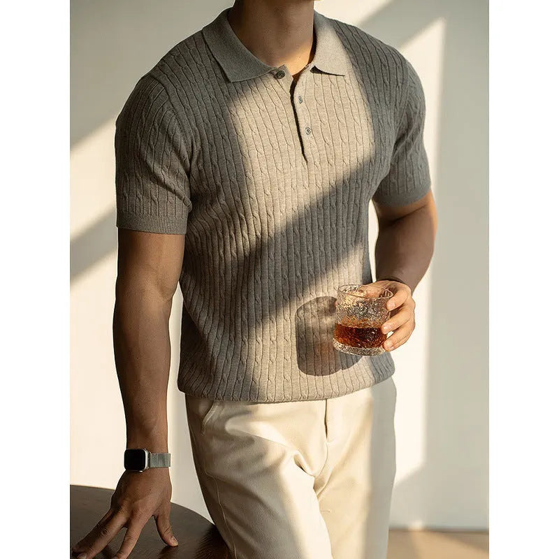 Men's khaki short sleeve polo shirt for business casual wear with Asian sizing labels