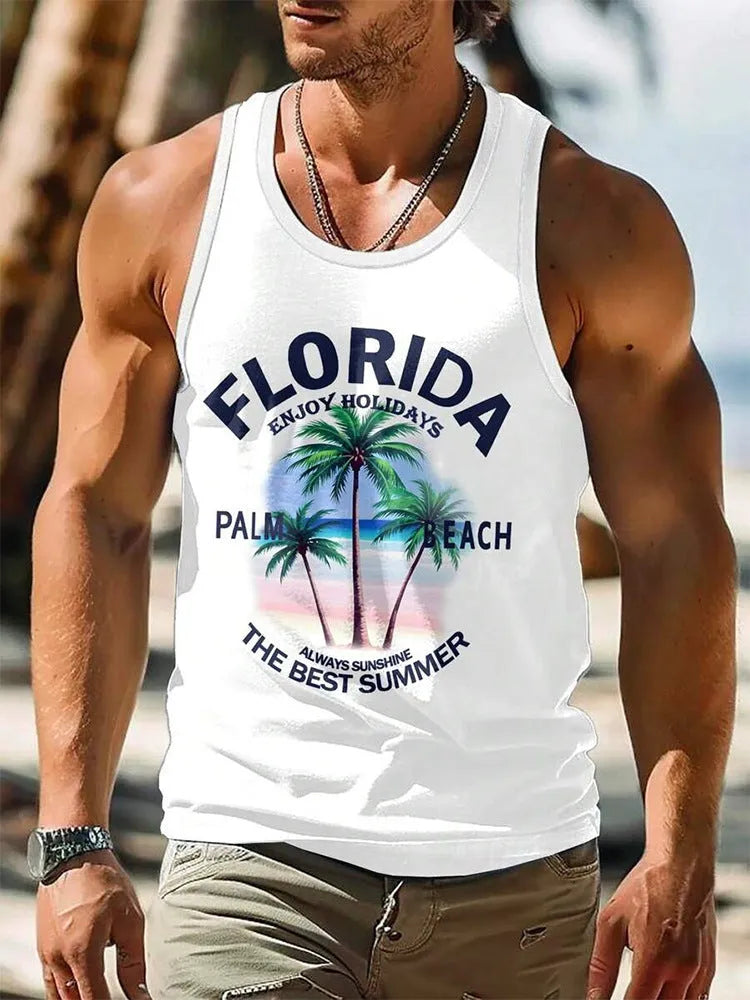 Men's Hawaiian style 3D printed sleeveless vest t-shirt in polyester fabric