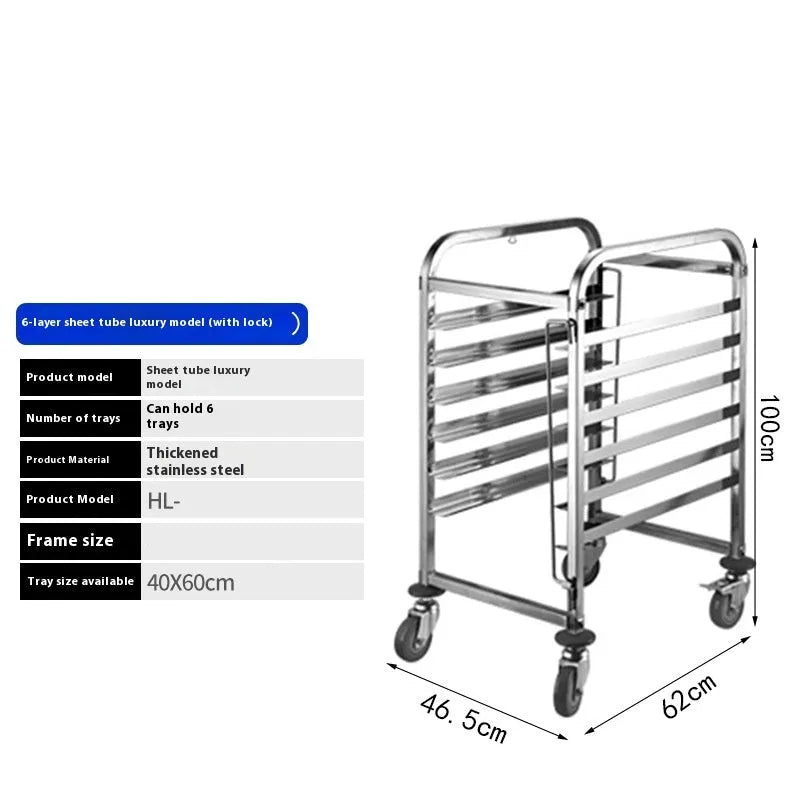 Stainless steel six-tier baking tray rack with a locking mechanism, shown holding multiple baking sheets.