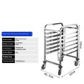 Stainless steel six-tier baking tray rack with a locking mechanism, shown holding multiple baking sheets.