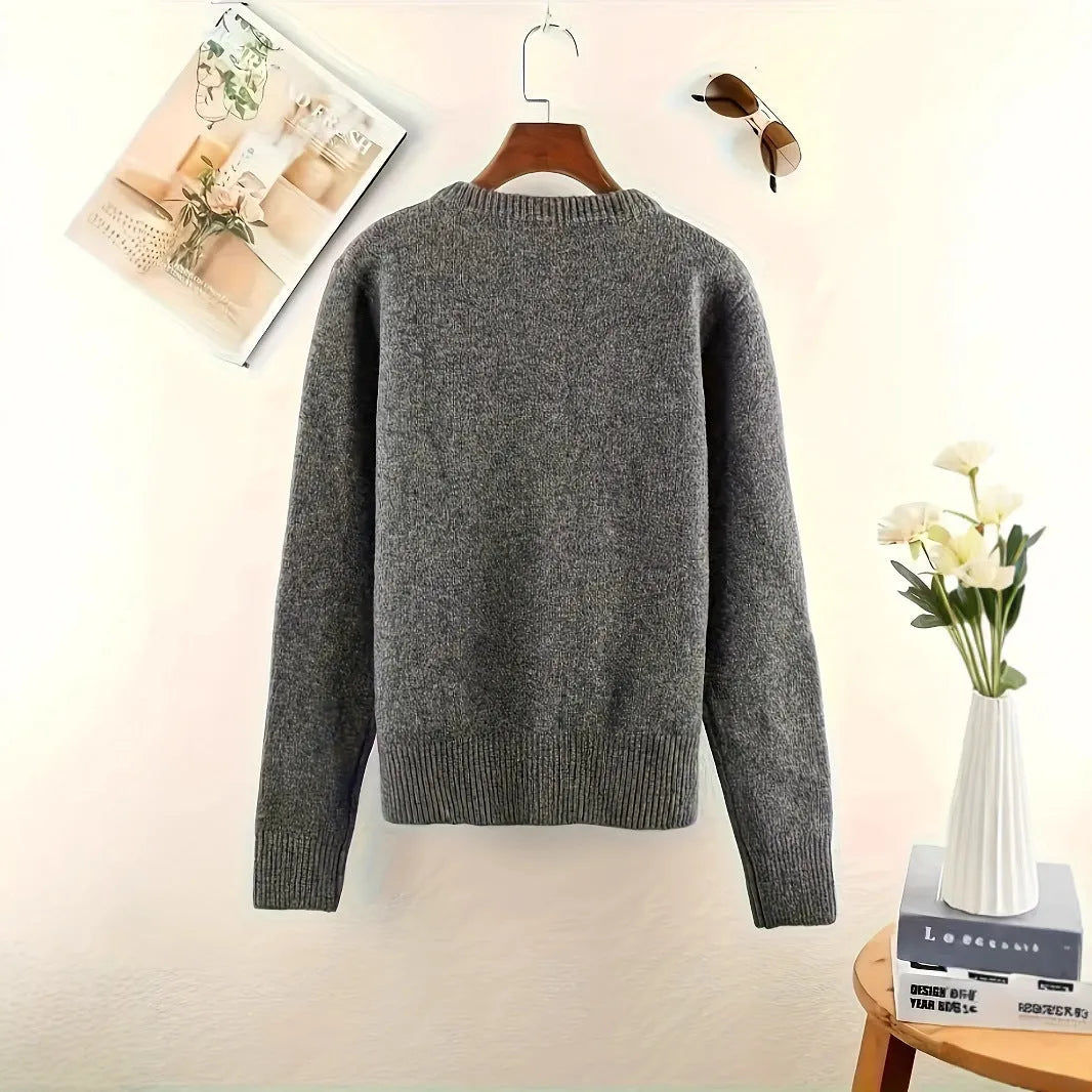 Dark grey women's polyester cardigan sweater with button front and long sleeves laid flat.