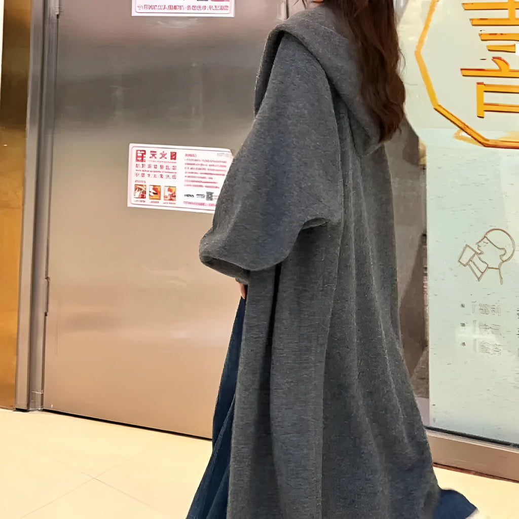 Korean style hooded long knitted cardigan for women in oatmeal colour, below knee length
