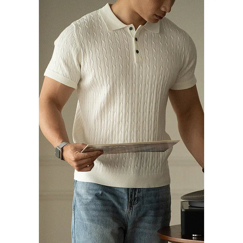 Men's khaki short sleeve polo shirt for business casual wear with Asian sizing labels