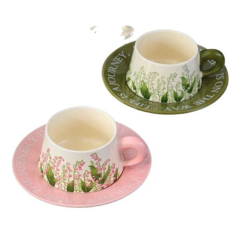 Ceramic coffee cup and saucer set for two people with two colour design options