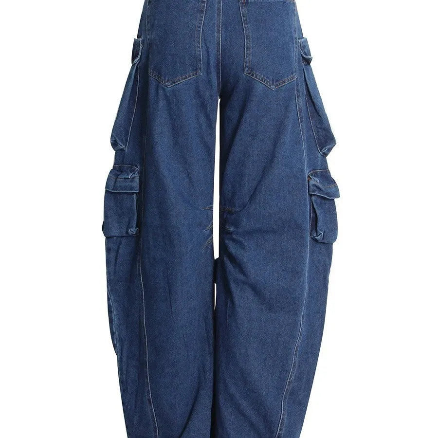 Dark blue distressed wide-leg jeans with high waist and multiple pockets on cotton denim fabric