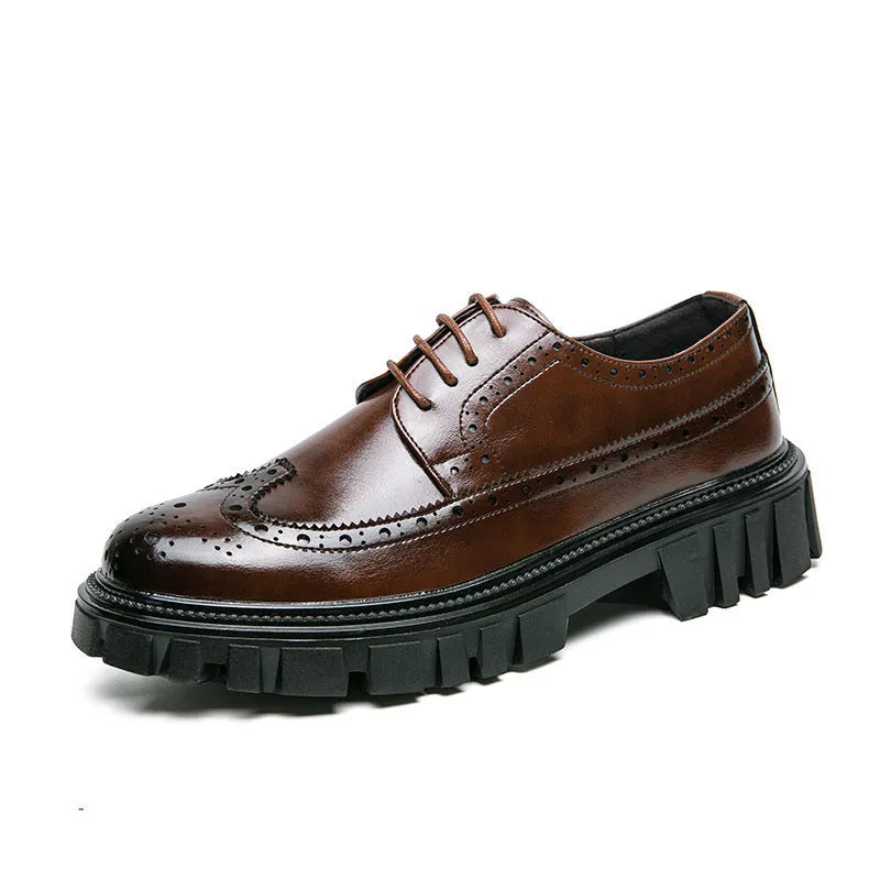Black and brown men's brogue shoes with round toe and artificial PU upper for business casual wear.
