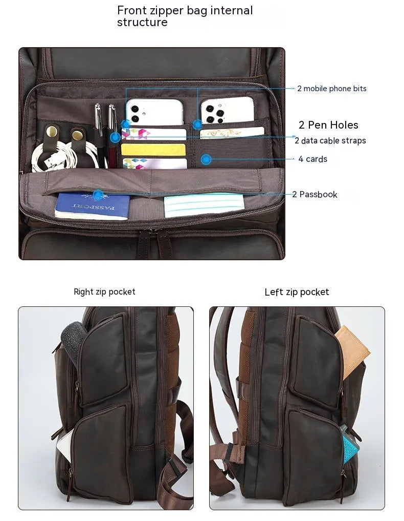 Dark brown leather backpack for 17-inch laptops with multiple compartments and shoulder straps