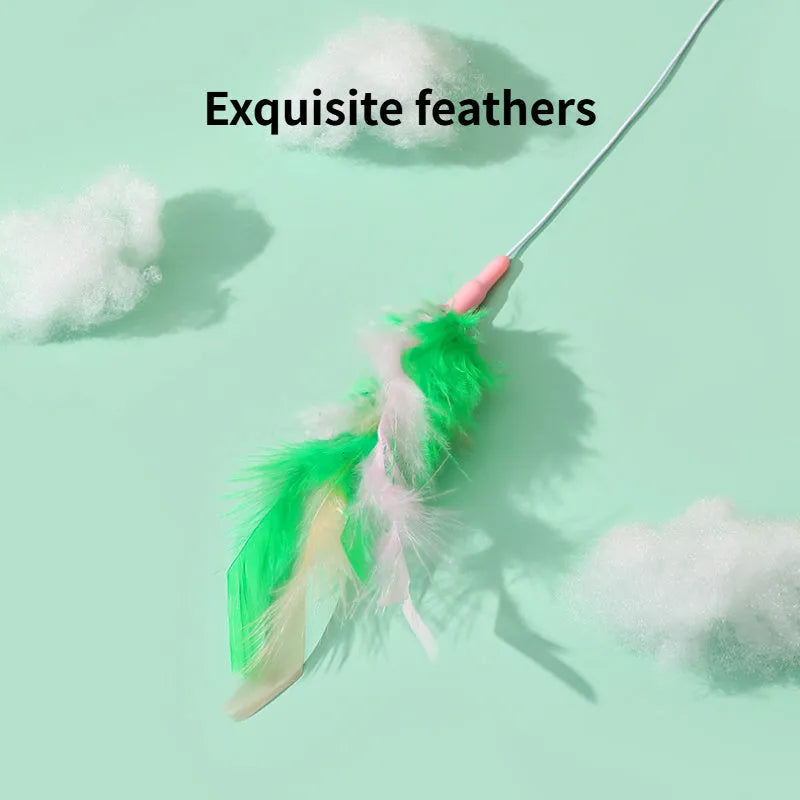 Green interactive cat wand toy with feathers and a bell on a durable plastic handle.