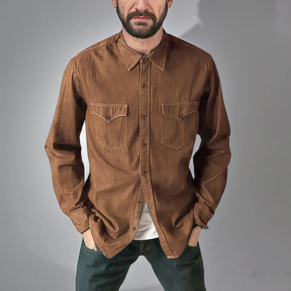 Men's regular fit denim cardigan coat in cotton, shown in khaki colour with button front.