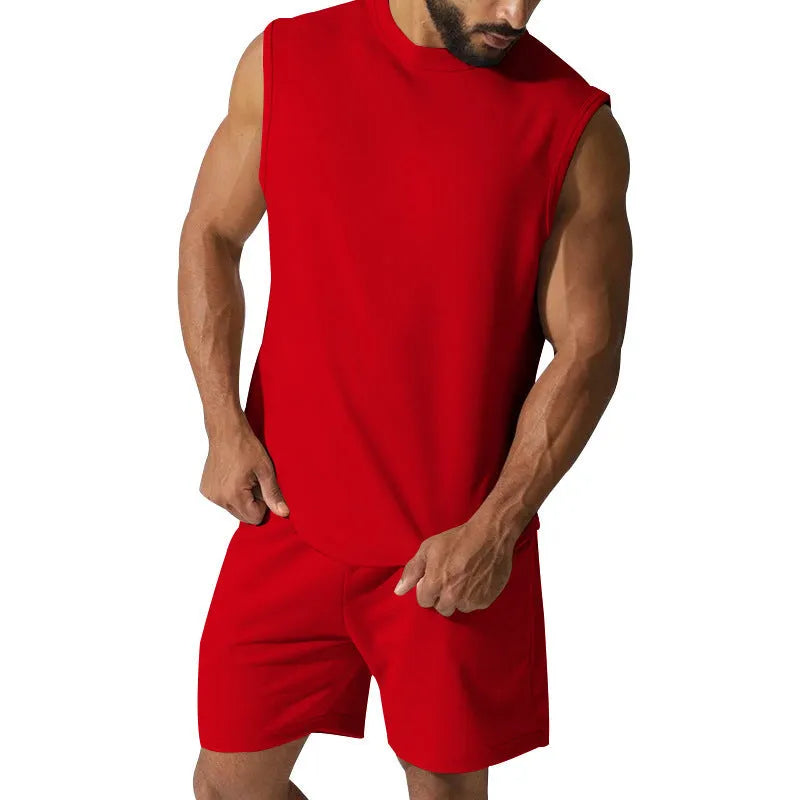 Men's sleeveless sports suit in cotton blend fabric with matching shorts