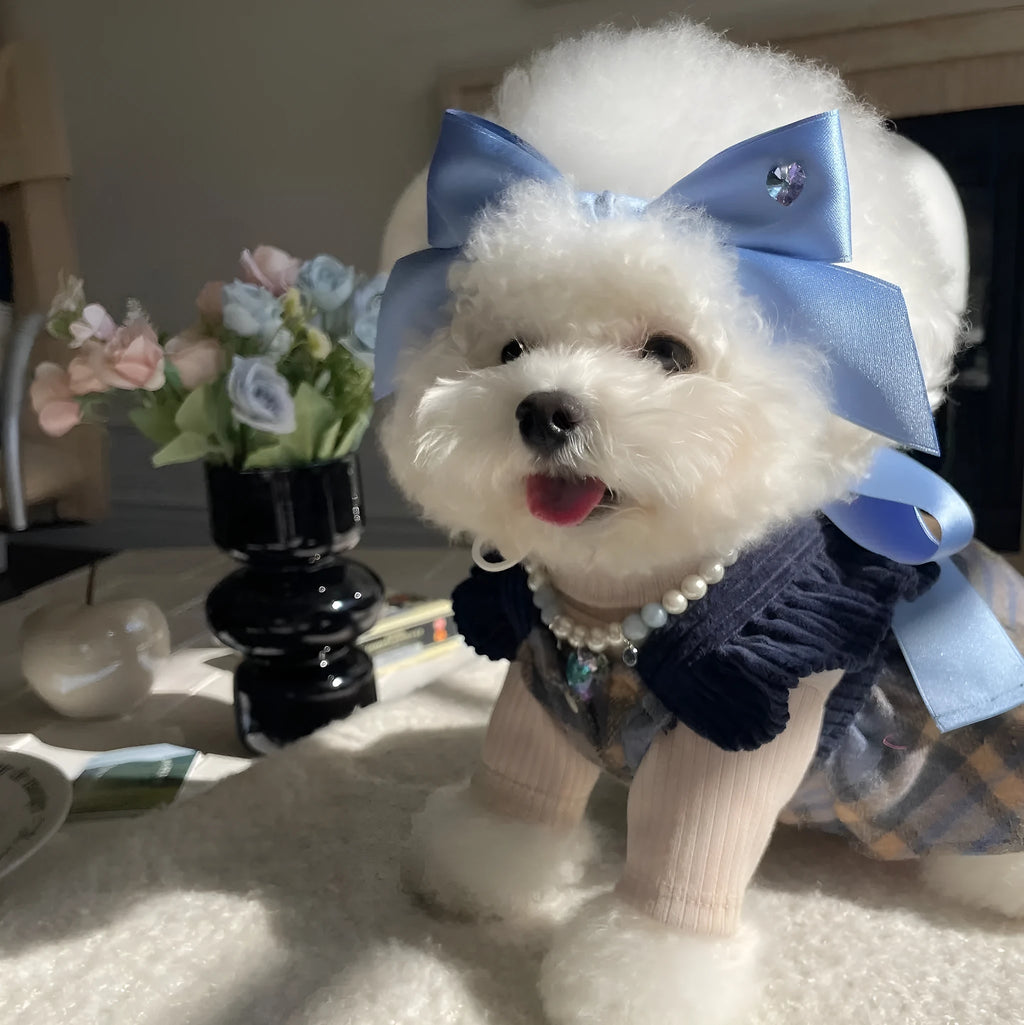 Princess style bow dog hair band with tension adjustment on double-sided polyester cotton ribbon