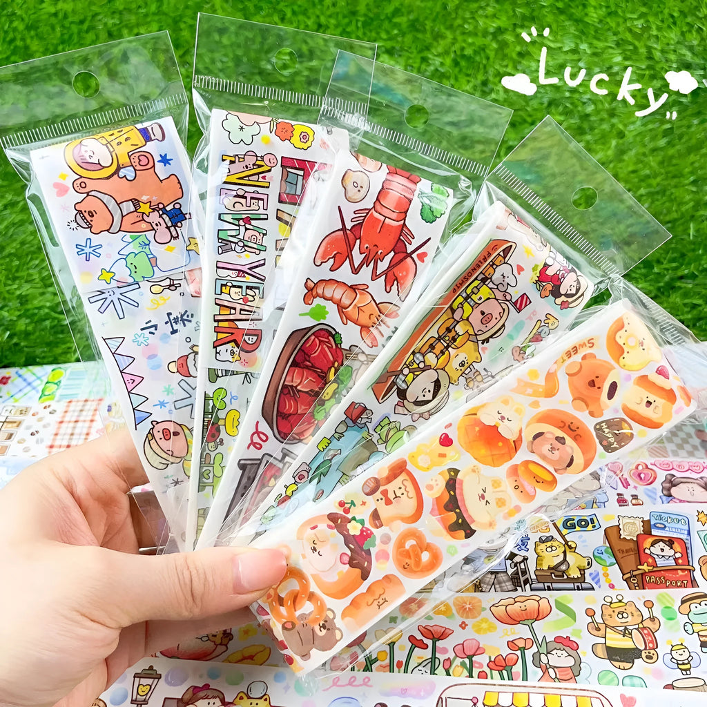 Sheet of cute cartoon character stickers printed on Japanese paper for crafting.