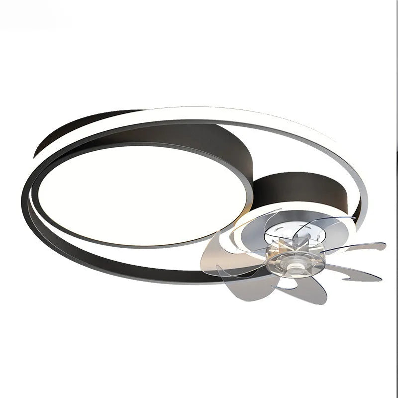 Nordic style ceiling fan light with integrated lamp and metal blades in black or gold finish.