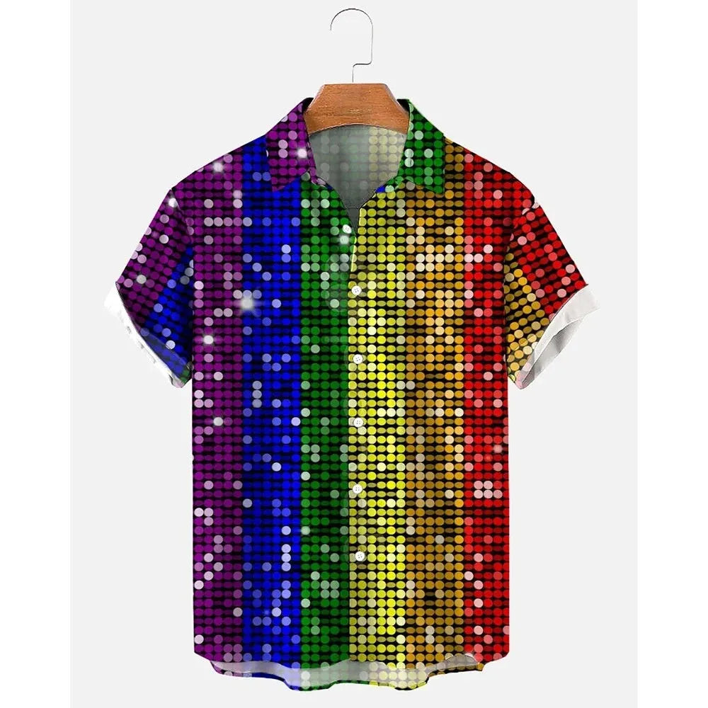 Men's striped Hawaiian short sleeve casual shirt on a hanger.