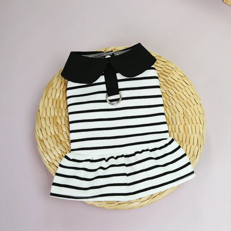 Matching cotton t-shirt and stripe skirt pet clothing set for dogs and cats in summer