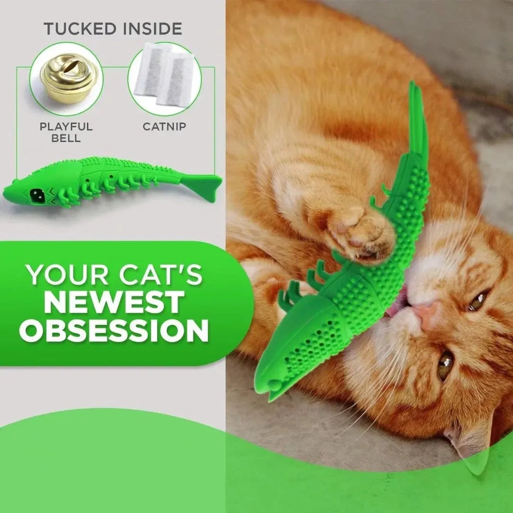 Blue hard rubber cat toy with 360-degree teeth cleaning bristles and internal catnip