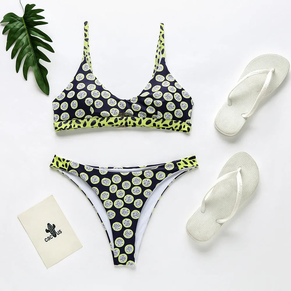 Women's bikini swimsuit set in black and white dot or red and white stripe patterns.