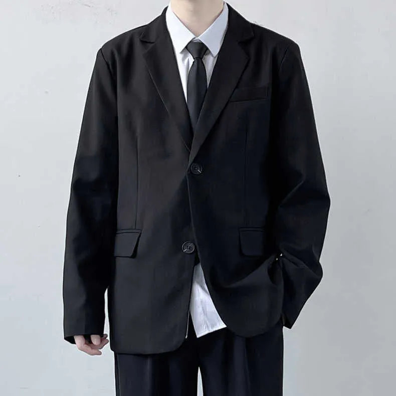 Plus size men's college style suit jacket set with trousers, white shirt and tie in loose fit