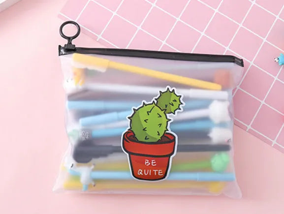 Twenty colourful cartoon cactus design 0.5mm black ink pens in plastic storage case measuring 21 by 17 centimetres